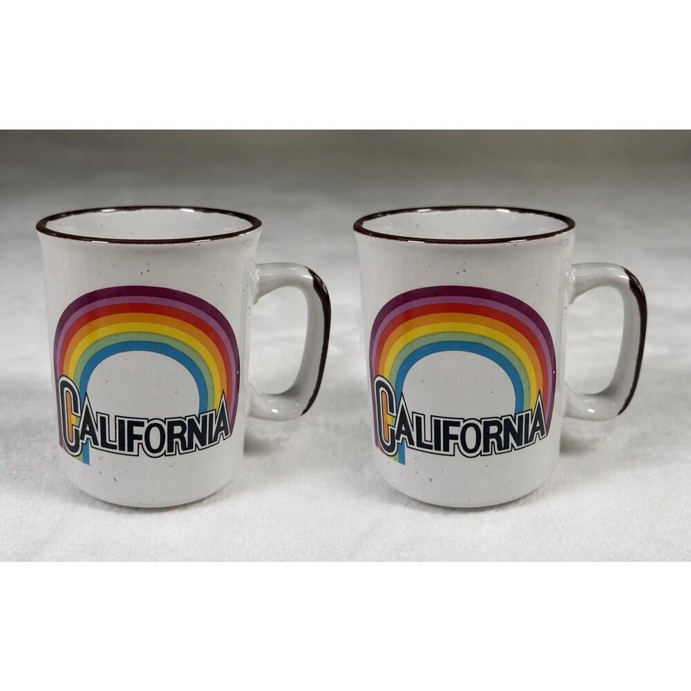 2) Vintage California 1970’s Rainbow Mug Ceramic Excellent Tea Coffee Font Chrty
